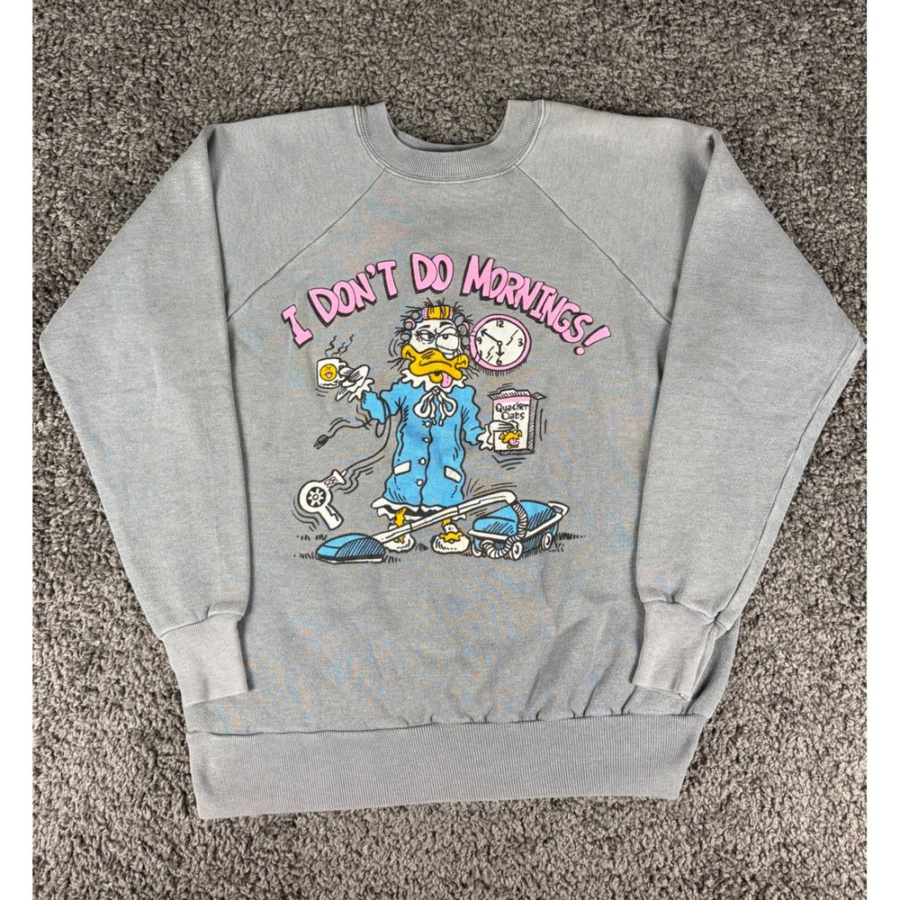 Vintage 80s Pannill I Don't Do Mornings Duck Sweatshirt Gray Large Made in USA
